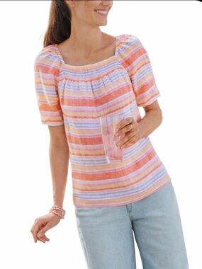 Talbots Square Neck Linen Top Colorful Striped 100% Linen Blouse Sz Medium NWOT